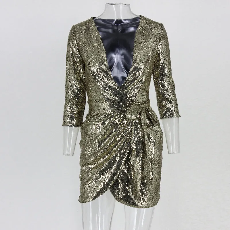 

Women Sequined Deep V-Neck Mini Dress High Waist Gold Sashes Sexy Ladies Club Dresses 2020 Fashion Summer Female Vestidos