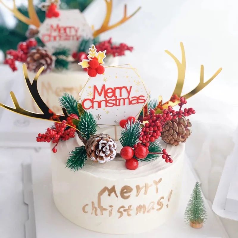 

2022 New Acrylic Merry Christmas Cake Topper Christmas Antlers Cupcake Toppers Flags for Christmas Family Party Cake Decoration
