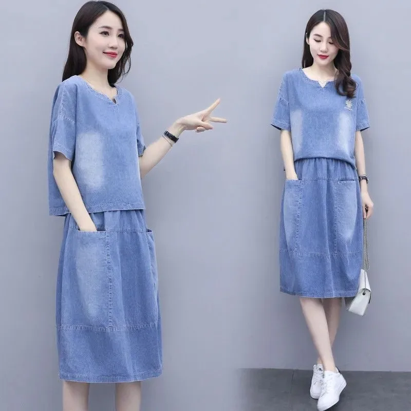 Летние женские тонкие джинсовые рубашки средней длины и юбки 2 шт. спортивный