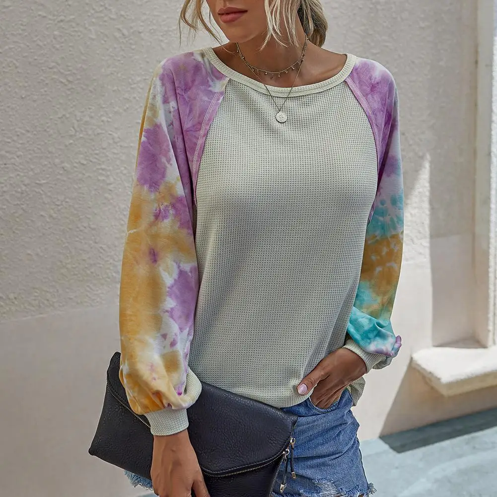 

Fashion Women Pullover Long-Sleeve Round Neck Tie Dye Printing Stitching Color Sweatshirt Women's Clothing 2021