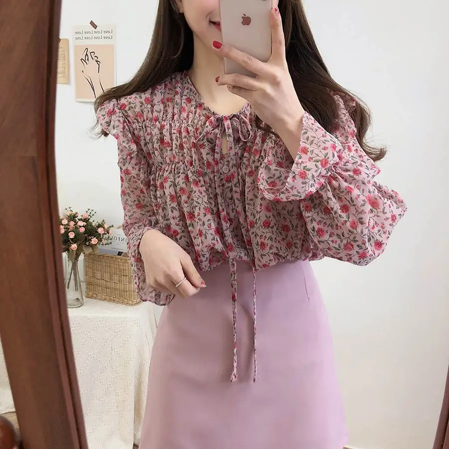 Новая летняя рубашка с длинными рукавами для девочек цветочные рубашки рюшами и