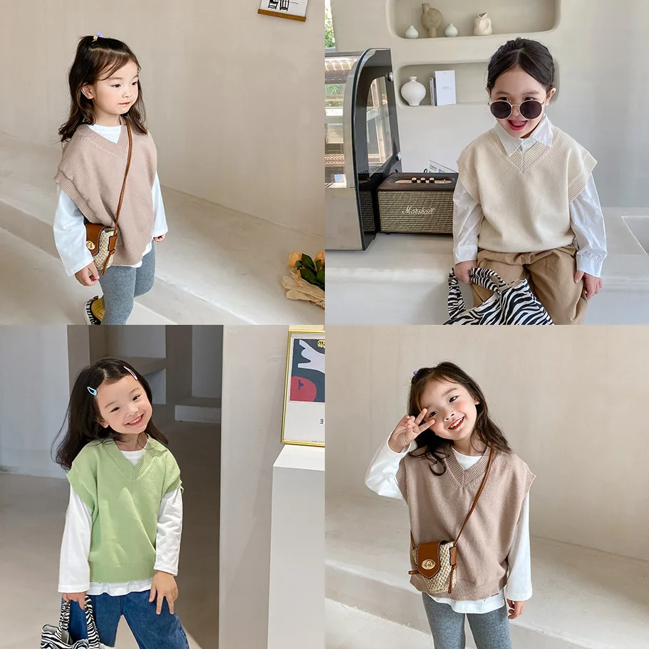 

2021 Autumn Vest for Baby Girls Warm Children's Clothing Soft Knitted Sweater Vest Solid Kids Toddler Girl Fall Outfits Age 1-6