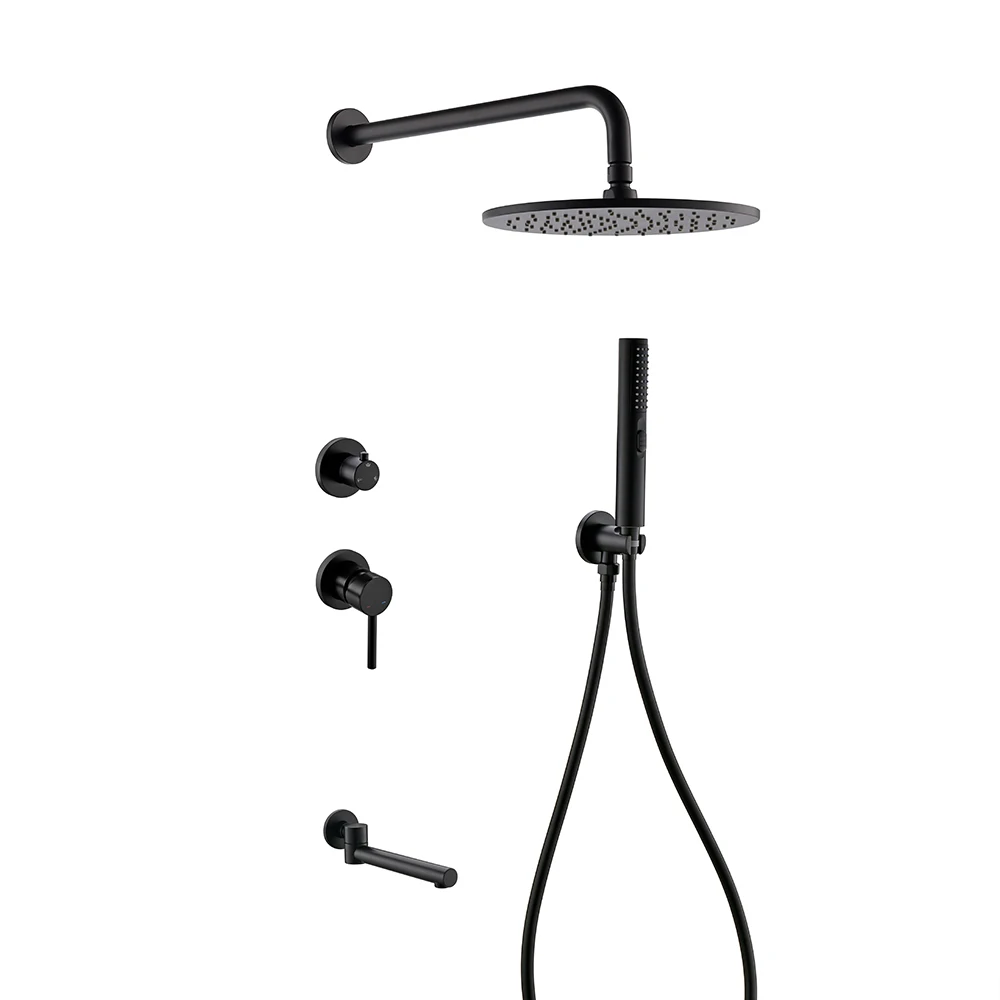 

Brass Matte Black Wall Embed Mount 3-Function Concealed Shower System 10 Inch Top Rain Spray Bathroom Faucet