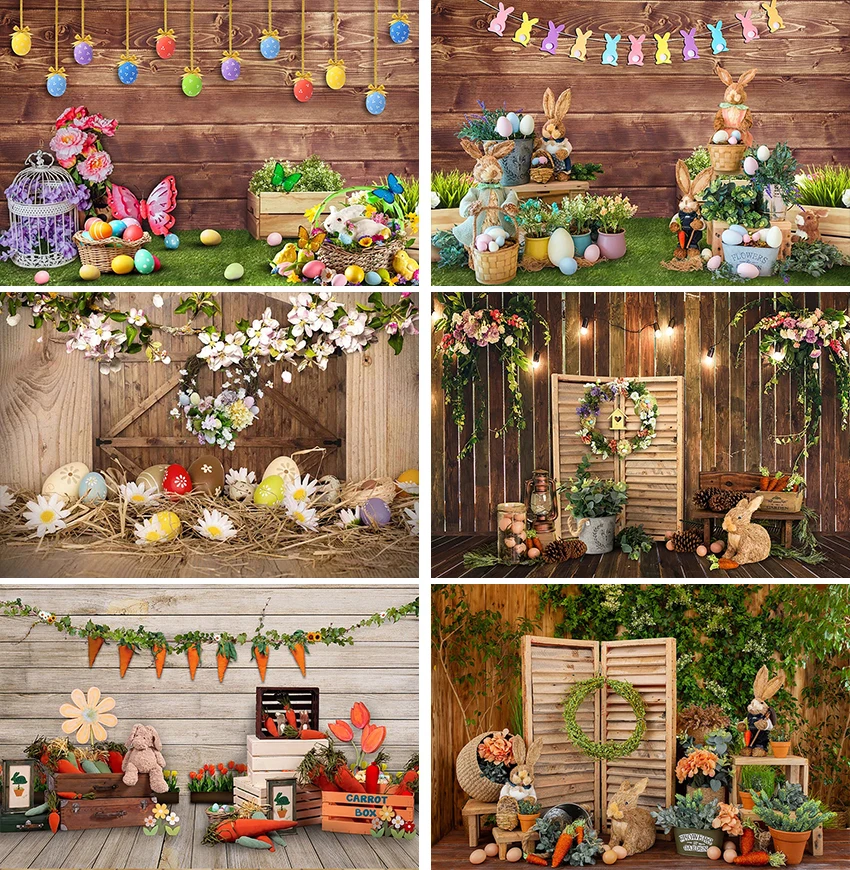 

Фон для детской фотосъемки в деревенском стиле с изображением весенней Пасхальной стены и пасхальных яиц и зеленых растений