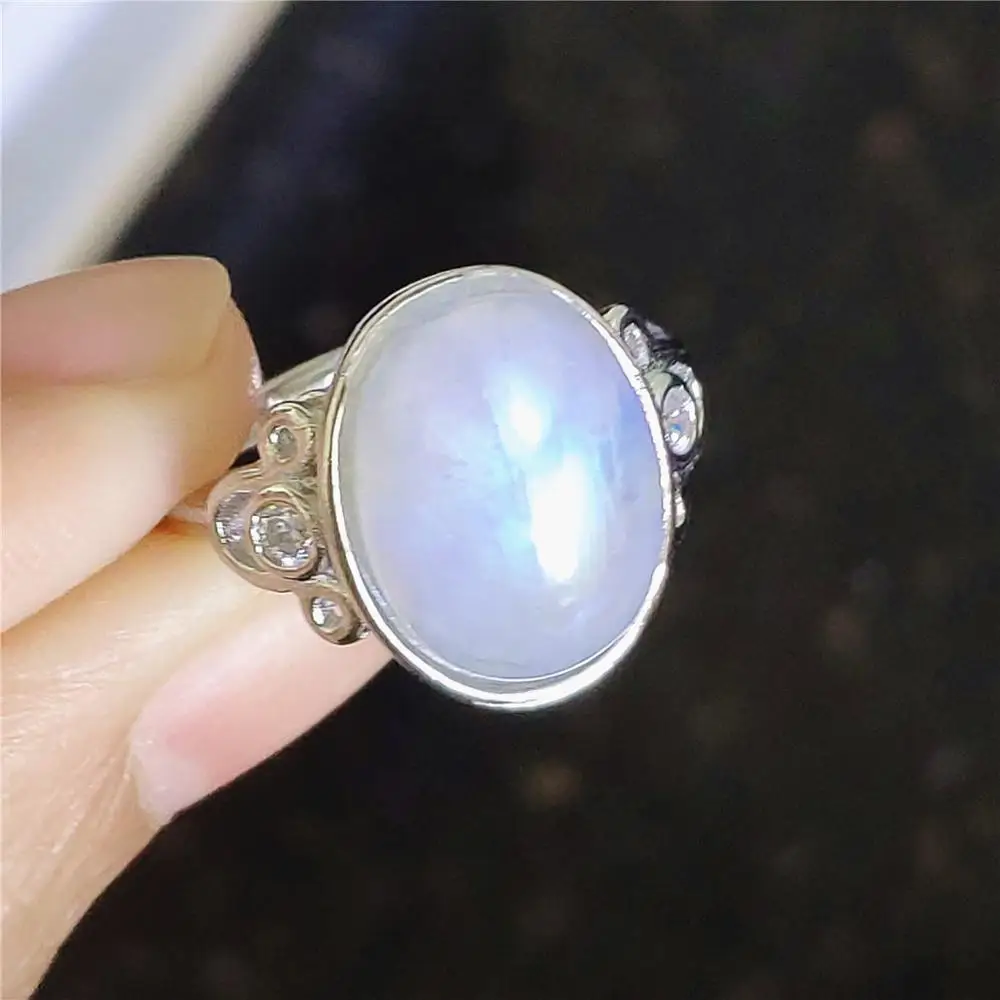 

Genuine Natural Moonstone Blue Light Adjustable Ring Crystal Woman 14x10mm Oval 925 Sterling Silver Moonstone Oval Stone AAAAA