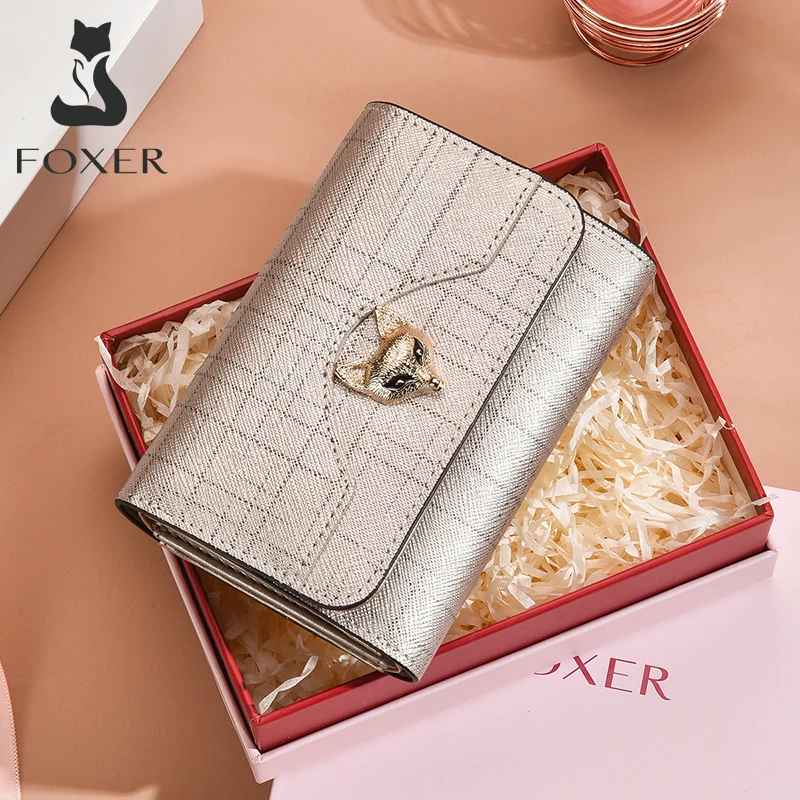 

FOXER Brand Gold Stylish Lady Wallet Cow Leather Short Purse Luxury ID Crad Bag for Women Trifold Clutch Bag Fashion Coin Pocket