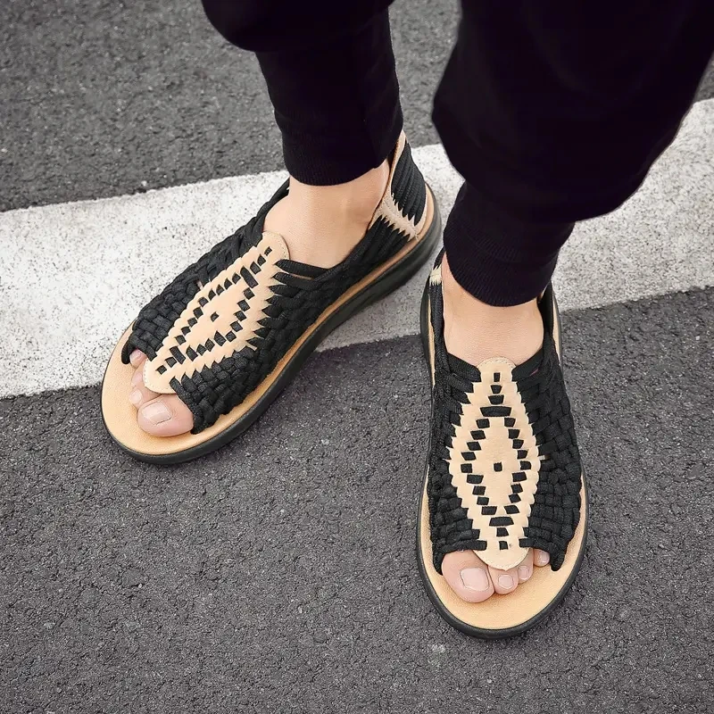 

Men's Summer Sandals Open Toe Color Blocking Woven Sandals Hollow Out Breathable Lightweight Non Slip Large Size Beach Shoes