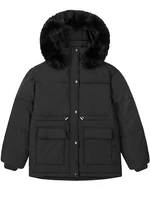 gcarol new winter women short cotton padded jacket slim drawstring waist detachable faux fur hooded coat warm loose outwear 2xl