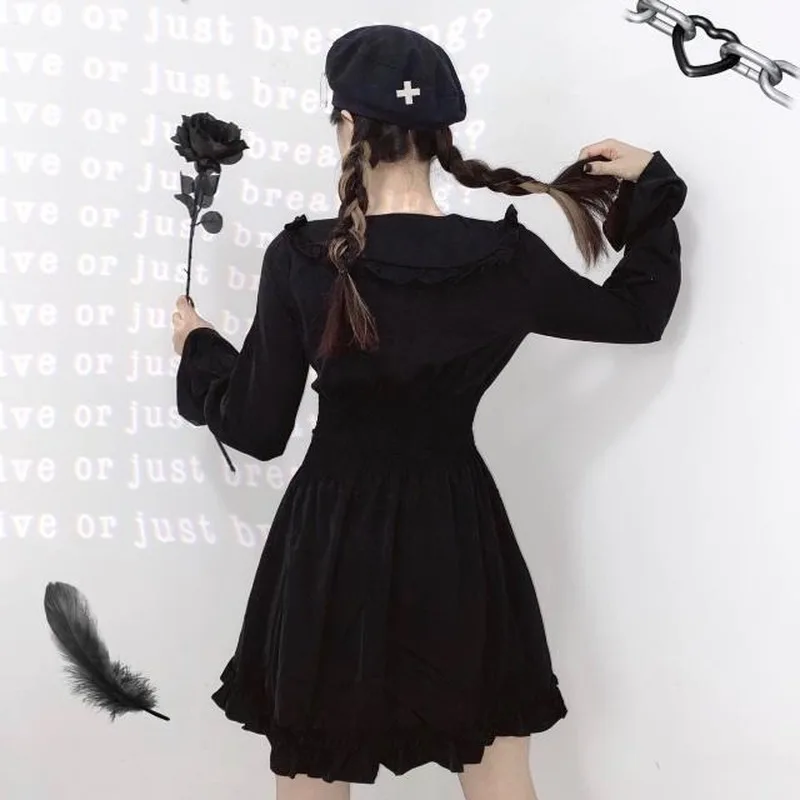 

QWEEK Punk Slip Dress Winter 2020 Fashion Black Dress Gothic Long Sleeve Shackle Plus Size Loose Women Clothes Sexy Slim Dress