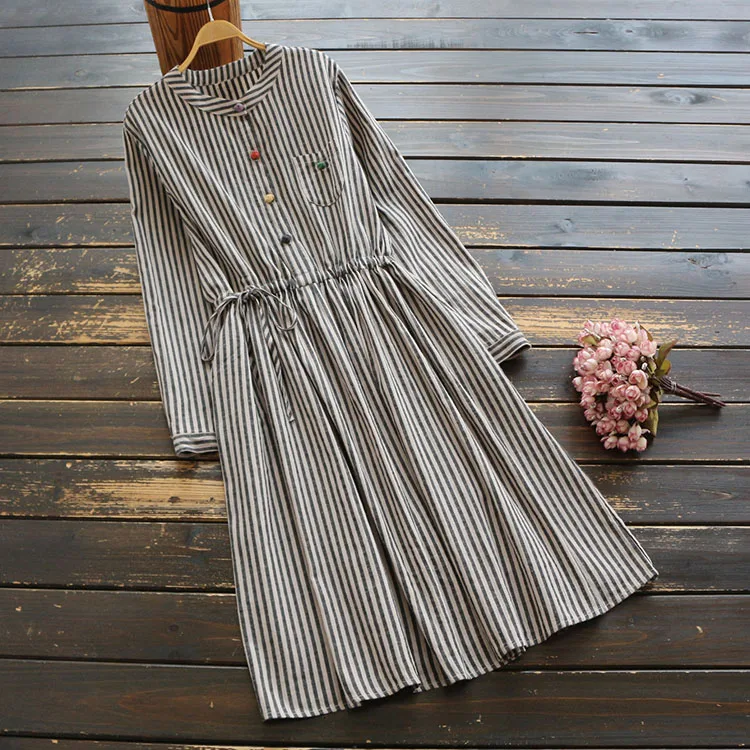 7316 New Spring Women Cotton and linen Dress Buckle Elasticated Waist vintage Striped midi | Женская одежда