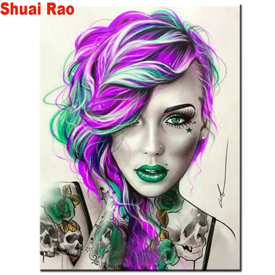 

5D diamond painting domineering tattoo skull girl lady Full Diamond mosaic cross stitch art portrait 3D paint by diamonds