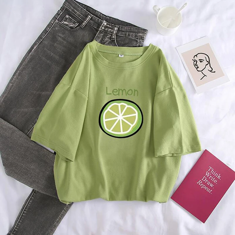 Женские футболки с короткими рукавами свободные принтом авокадо и лимона в стиле