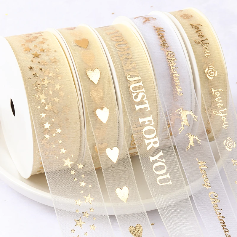 Лента из органзы с рождественским сердцем/надписью Love You/Just For You/Stars/Daisy лента