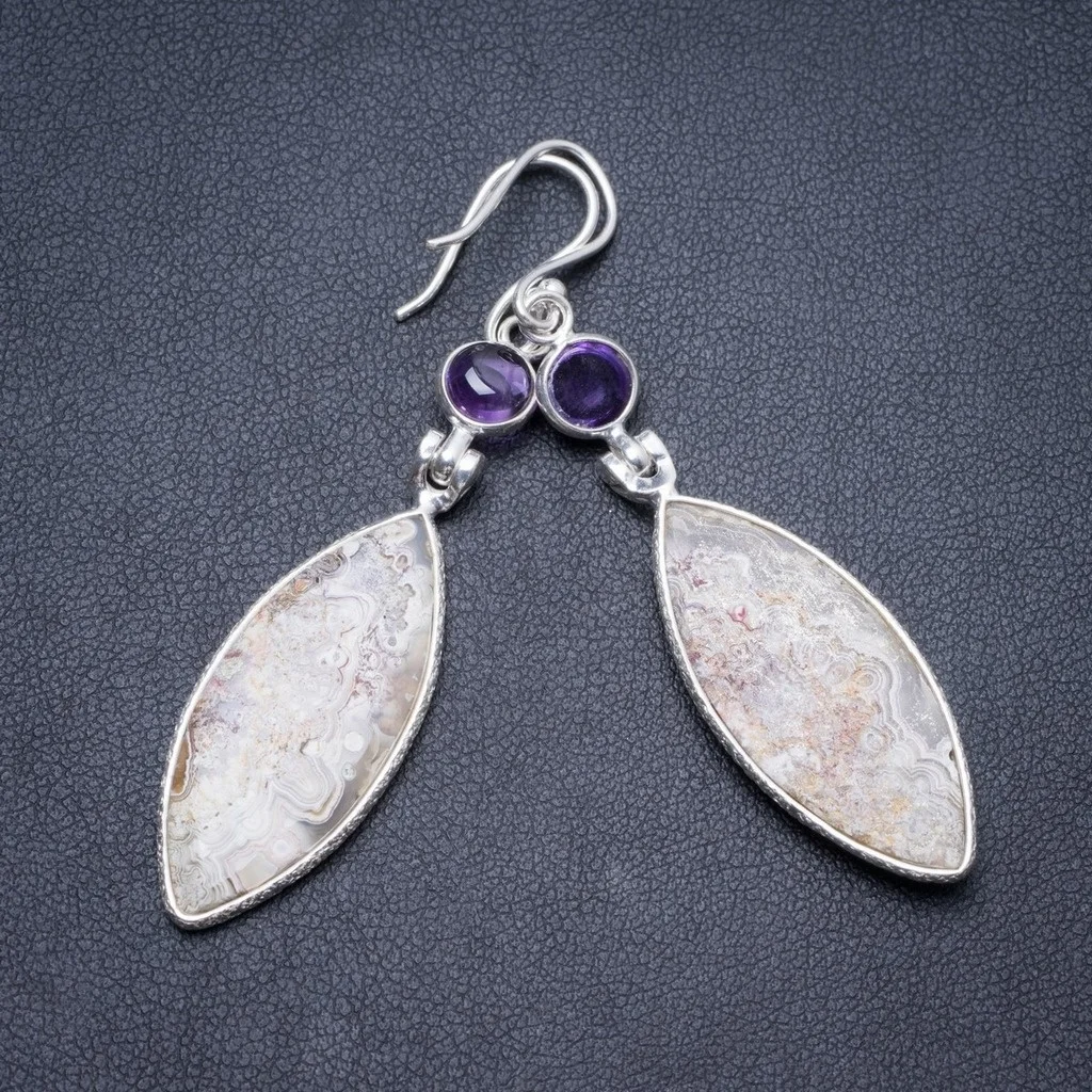 

Серьги из серебра 925 пробы с натуральным агатом и аметистом, 2,5 дюйма