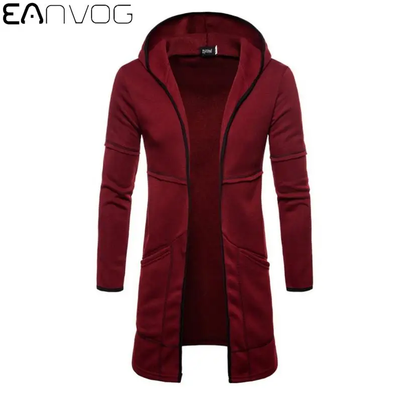 

Spring and Autumn Men Cardigan Hooded Long Sleeve Jacket Fashion Color Matching Long Jacket Windproof Pocket Casual Mens Jacket