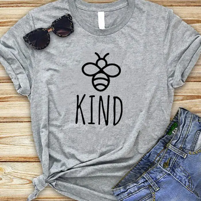 

Women Be Kind Bee Kind Hipster Casual Short Sleeve Graphics Ladies Summer Crew Neck Funny Tee Letter Gray Top T-Shirt