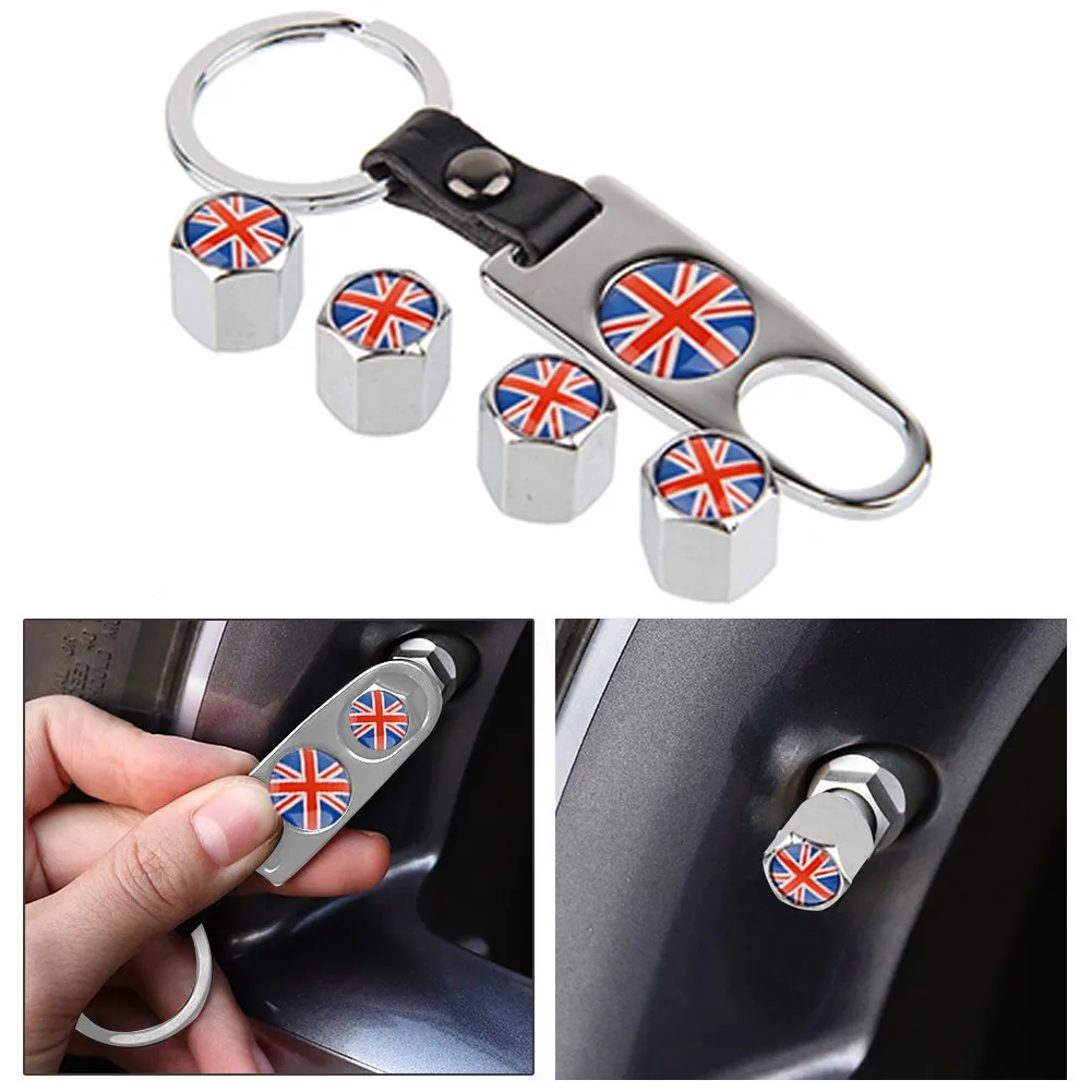 

British Flag Union Jack Car Tire Valve Dust Stems Air Cover Keychain Stainless Steel Alloy