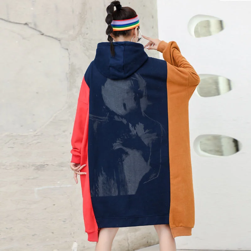 

Plus Size Women's Autumn Color Contrast Irregular Hooded Sweatshirts 2021 New Loose Tops With Hat Female Hoodies Yalabovso