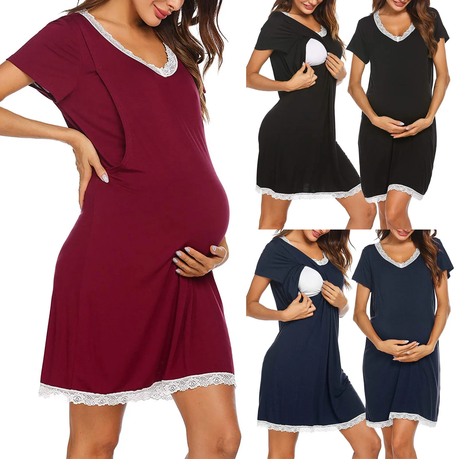

Fashion Solid Lace Short Sleeve Breast-Feeding Pregnant Woman Maternity Dress robe allaitement Ã©tÃ© premaman dress