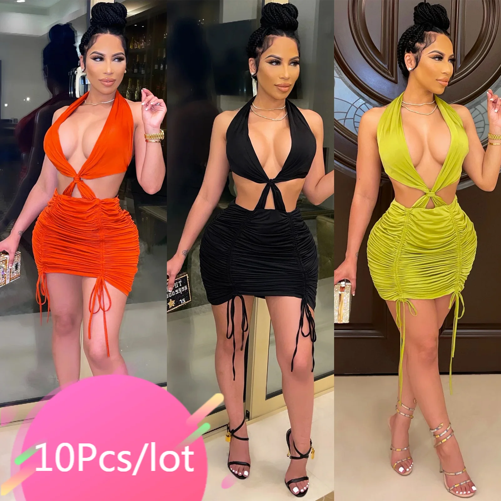 

Wholesale Items In Bulk Sexy Club Dresses for Women Deep V-neck Backless Drawstring Ruched Mini Y2k Dress 2021 Birthday Outfits