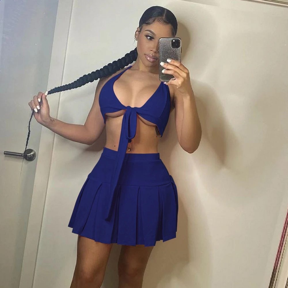 

Skirts Suits Two Pieces Women Halter V-Neck Backless Top Lace-up Sexy Skirt Suits Bodycon Beach Skirt For Girls Summer 2021