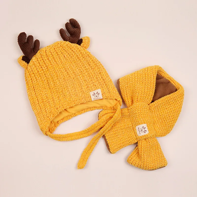 

2pcs Child Antlers Beanies Knitted Cap Set Baby Kids Scarf Winter Warm Suit Set For Toddler Boys Girls