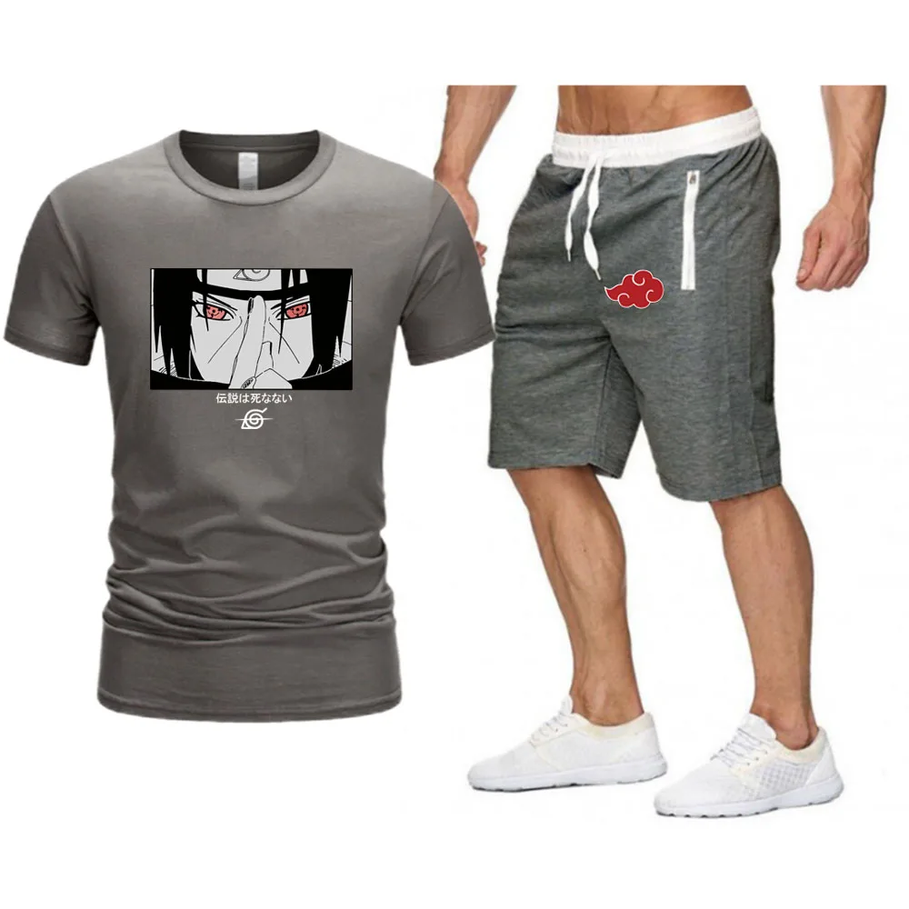 

2021Summer Men's T-shirt Set 2-piece Men's Sportswear Suit Basketball Sports Fitness Red Cloud Printed Short Sleeve Men's Suit