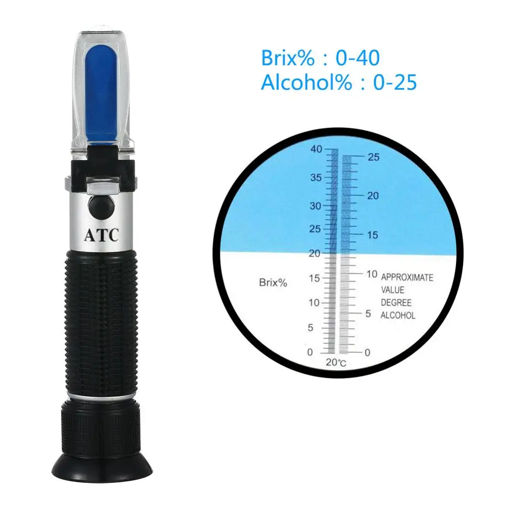 

Handheld alcohol refractometer sugar Wine concentration meter densimeter 0-25% alcohol beer 0-40% Brix grapes ATC
