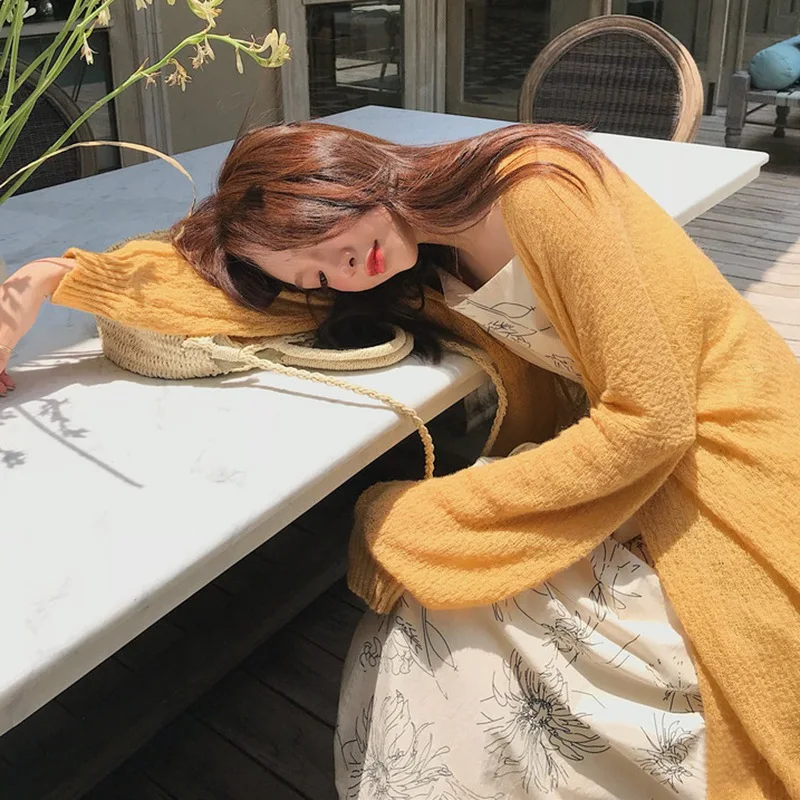 Женская Осенняя одежда однотонное свободное трикотажное кимоно с длинным