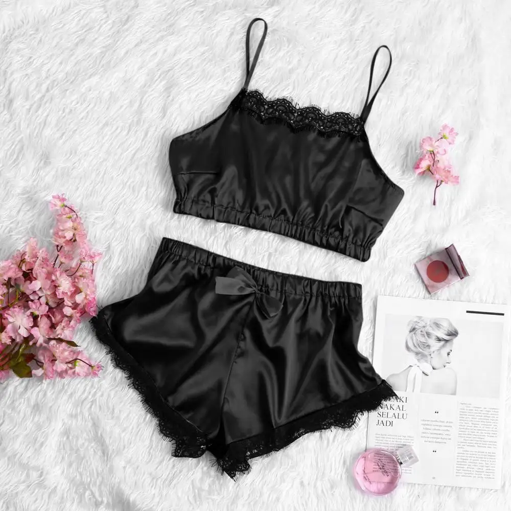 Комплект сексуального белья женская летняя Пижама атласная кружевная ночная