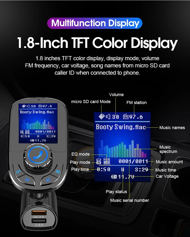 Автомобильный MP3 плеер JINSERTA Bluetooth 5 0 приемник FM передатчик двойной USB QC3.0 зарядное