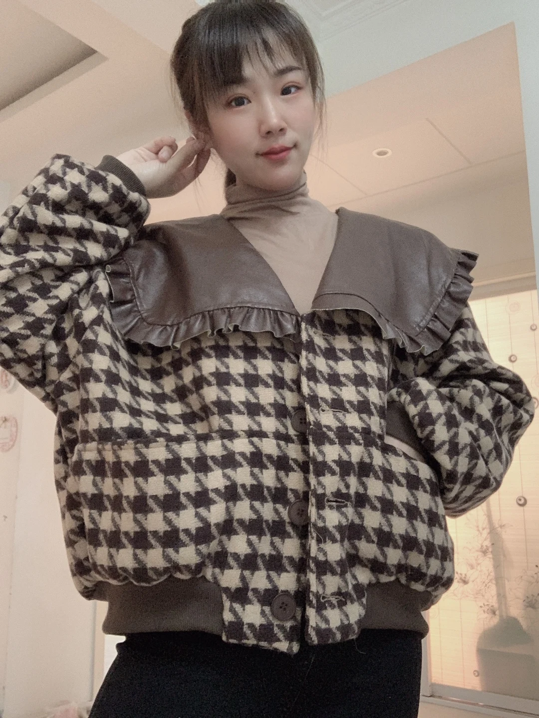 Женская куртка из искусственной кожи с твидовым принтом воротником в морском