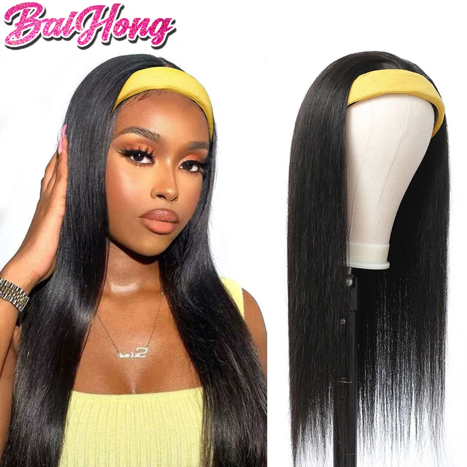 

Headband Wig Human Hair Straight 30 Inch Glueless Brazilian Remy Hair Machine Made Pre-Attached Scarf Wigs For Black Woman