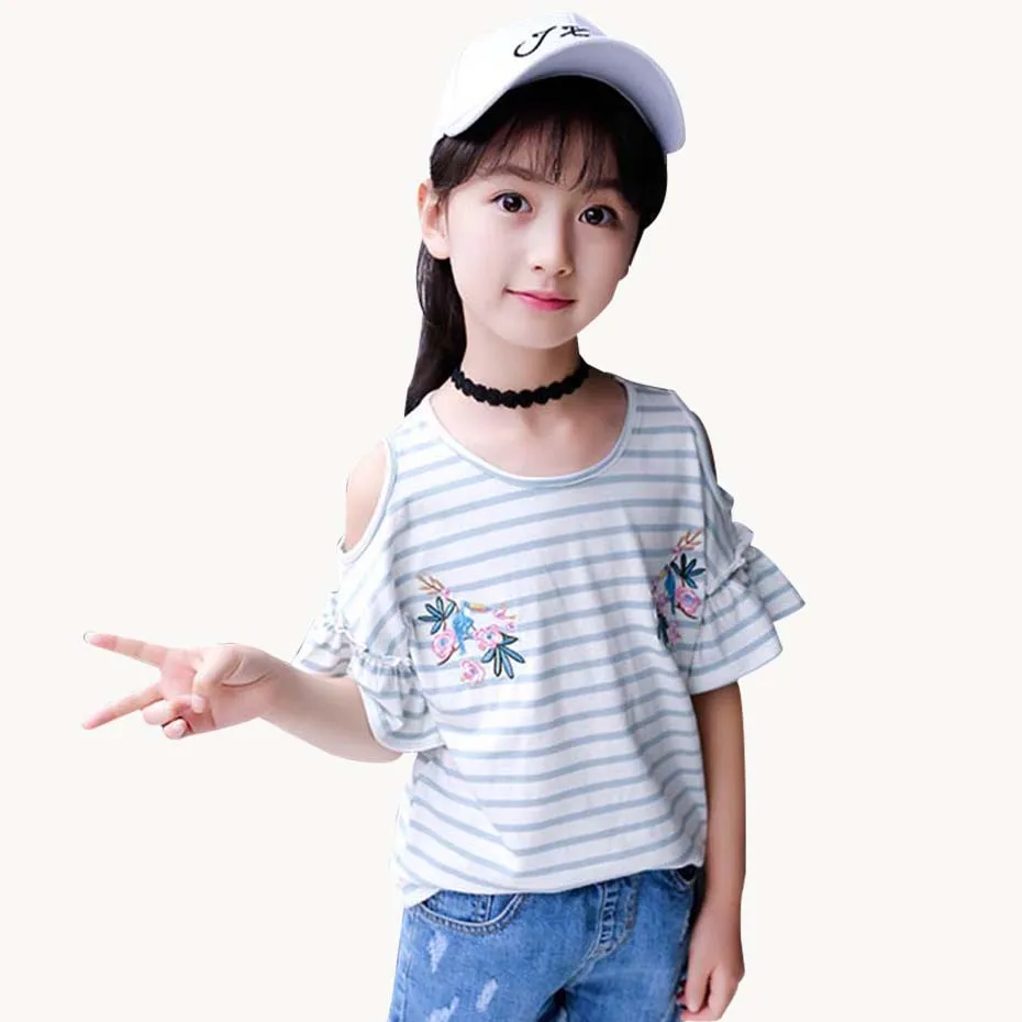 Футболки для девочек Футболка с цветочной вышивкой детские футболки оборками и