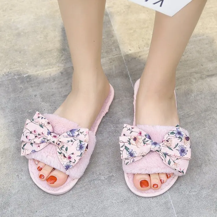 

New Bowknot Household Cotton Slippers Ladies Autumn and Winter Comfortable Slippers Furry Slippers Women Fashion Women's Shoes