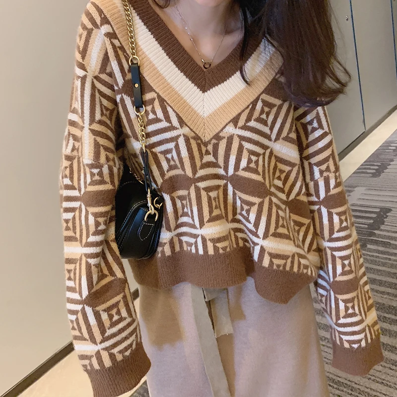 Женский толстый свитер Mishow повседневный свободный клетчатый пуловер с длинным