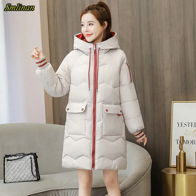 

Smlinan Winter Warm Hooded Parka Mujer Thick Down Cotton Padded Jacket Women Plus Size Slim Casual Long Coat Female Jackets