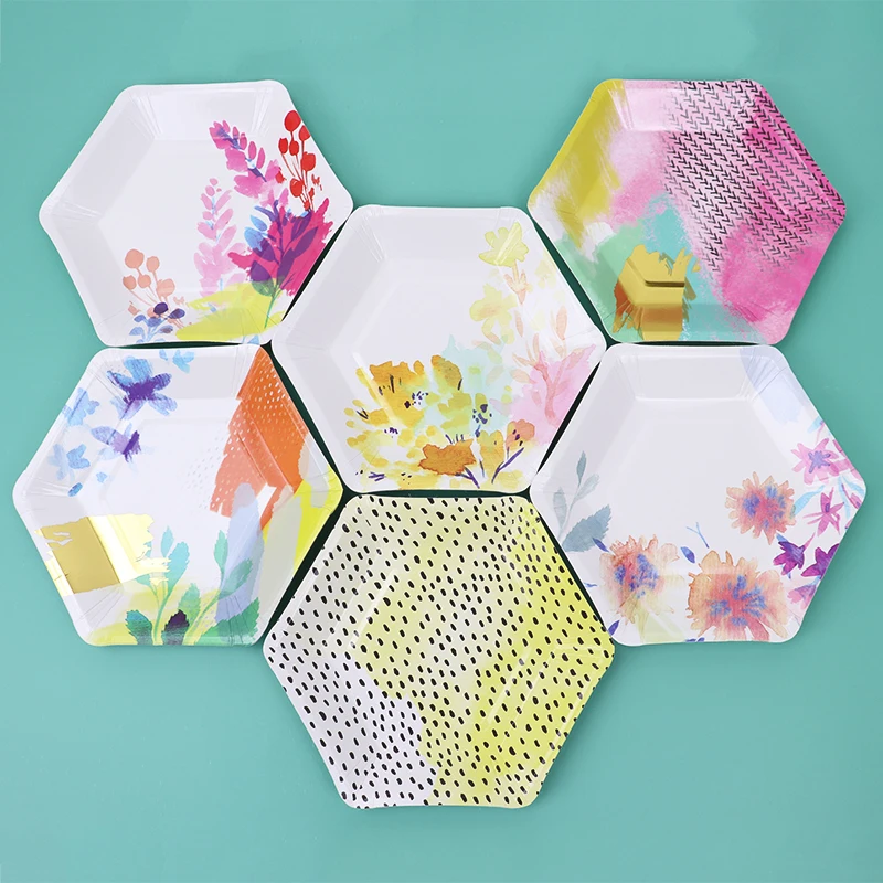 12pcs Gilding Flower Paper Plates Cake Hexagon Dishes Baby Shower Birthday Party Wedding Anniversary Disposable Tableware | Дом и сад