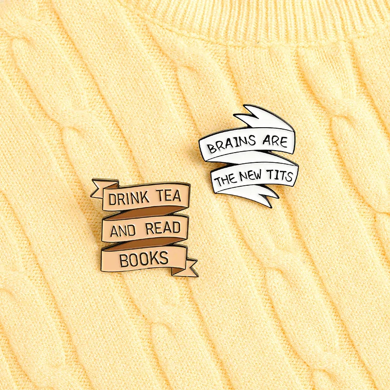 

Cartoon ribbon text letter shape metal enamel brooch DRINK TEA AND READ BOOKS decoration creative pin