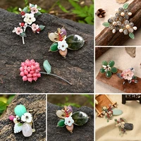vintage ethnic flower plant brooch pin natural stone shell coral agate corsage for women girls wedding party original design new