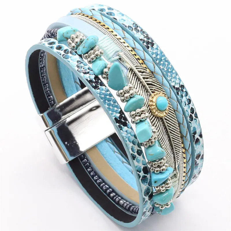 

Feather Blue Leopard Multilayer Gorgeous Trendy Wide Magnet Leather Bracelets Women Fashion Bangle Female Wedding Jewelry