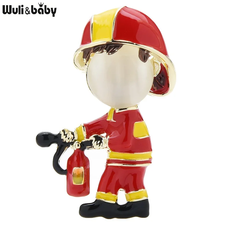 Wuli&baby New Opal Fireman Brooches Unisex Enamel Handsome Man Take Fire Extinguisher Figure Office Party Brooch Pins Gifts
