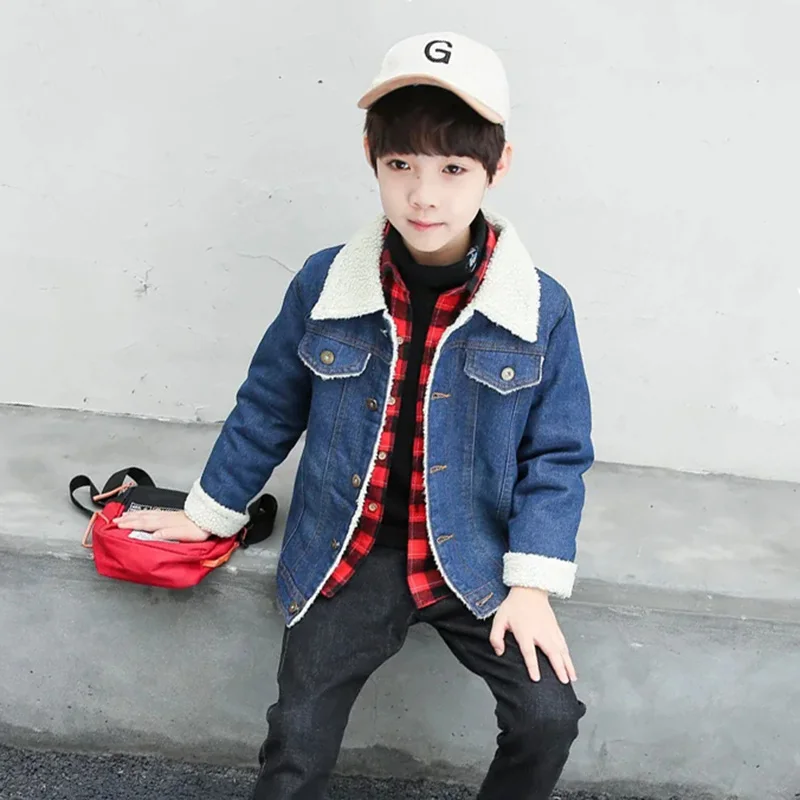 

Winter Cowboy Jacket For Boy New 2021 Korean Version Fashion Plus Velvet Coat Clothes For Teens Casual Denim Children's Clothing