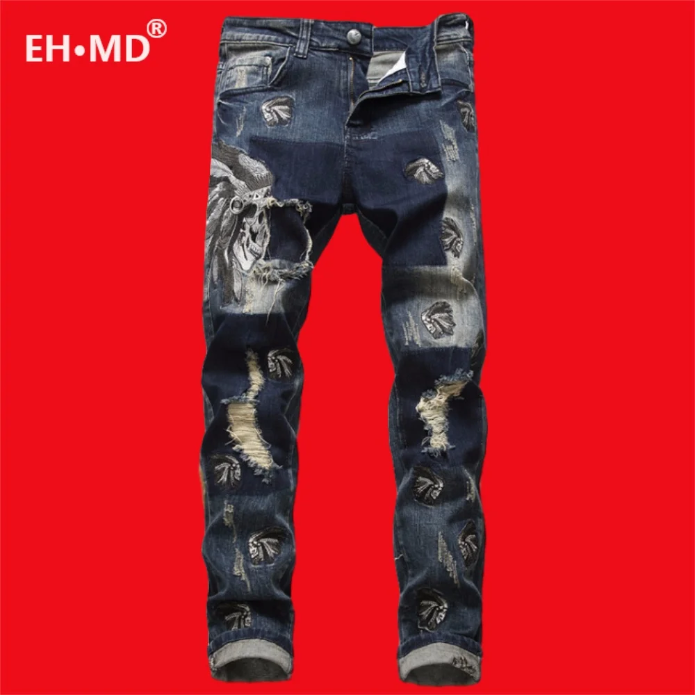 Summer  Indian Skull Multiple Embroidered Jeans Men's Ripped High Street Pants Soft Red Ears Blue Slim 2020 Western Style Cotton