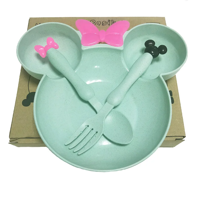 Green with box Детская пшеничная соломенная столовая посуда миска детская тренировочная чаша Милая картонная посуда набор детского питания - Цвет: Green with box