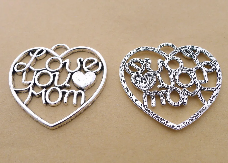 

Charm for making jewelry 2pcs 39x37mm antique silver color Peach heart letters charms