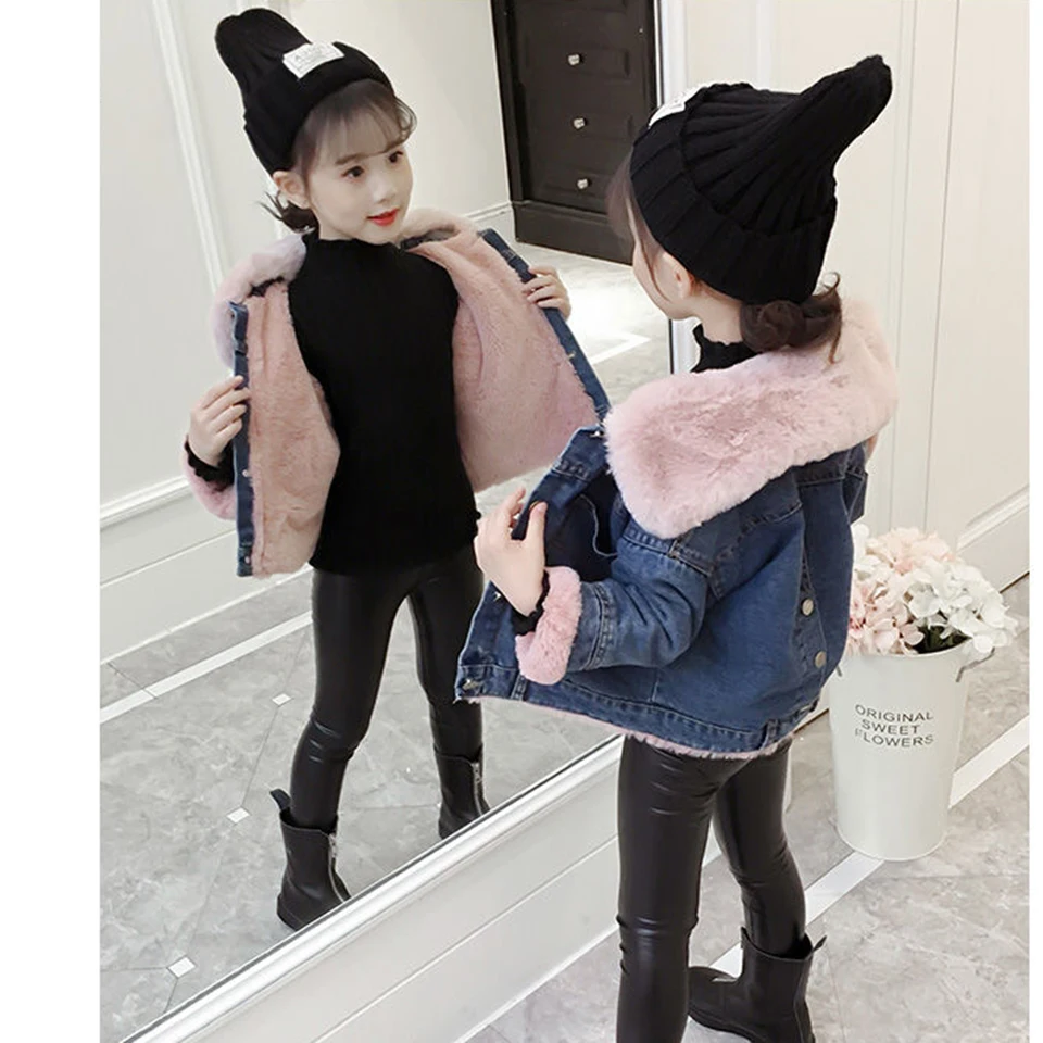 2019 Pink/Grey Color Jeans Jackets For Girl Coat Plus Velvet Windbreaker Autum Winter Outwear Children Solid Coats | Детская одежда и