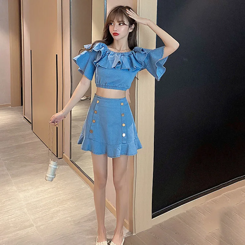 

2021 Summer New Denim Temperament Sexy One-Shoulder Ruffled denim Tops + Fishtail Skirt suit Two-piece Set Women