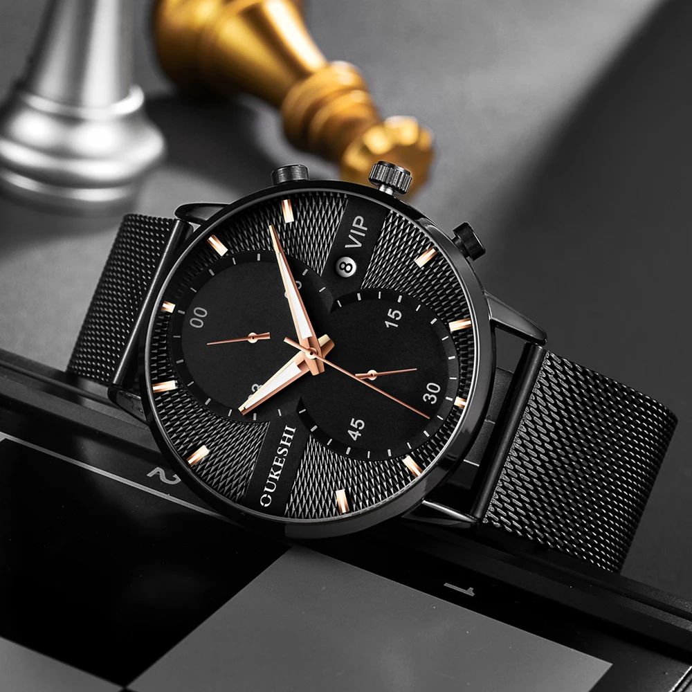 Часы наручные OUKESHI Мужские кварцевые модные брендовые Роскошные повседневные