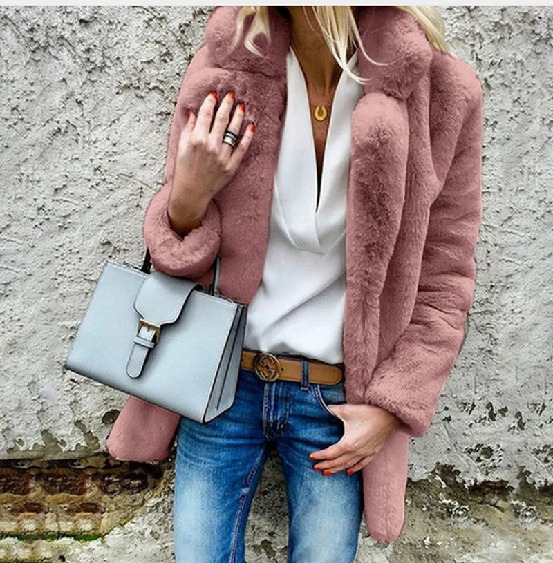 

Женское плюшевое пальто и куртки, однотонный Пушистый кардиган с длинным рукавом и карманами, теплая Повседневная Верхняя одежда, Меховая к...